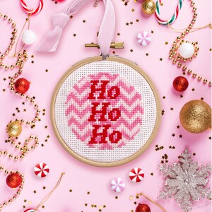 Full Kit Christmas Cross Stitch Kit. Modern festive ornament craft kit. Pink themed DIY hoop decoration. Perfect to hang on the tree. image 4