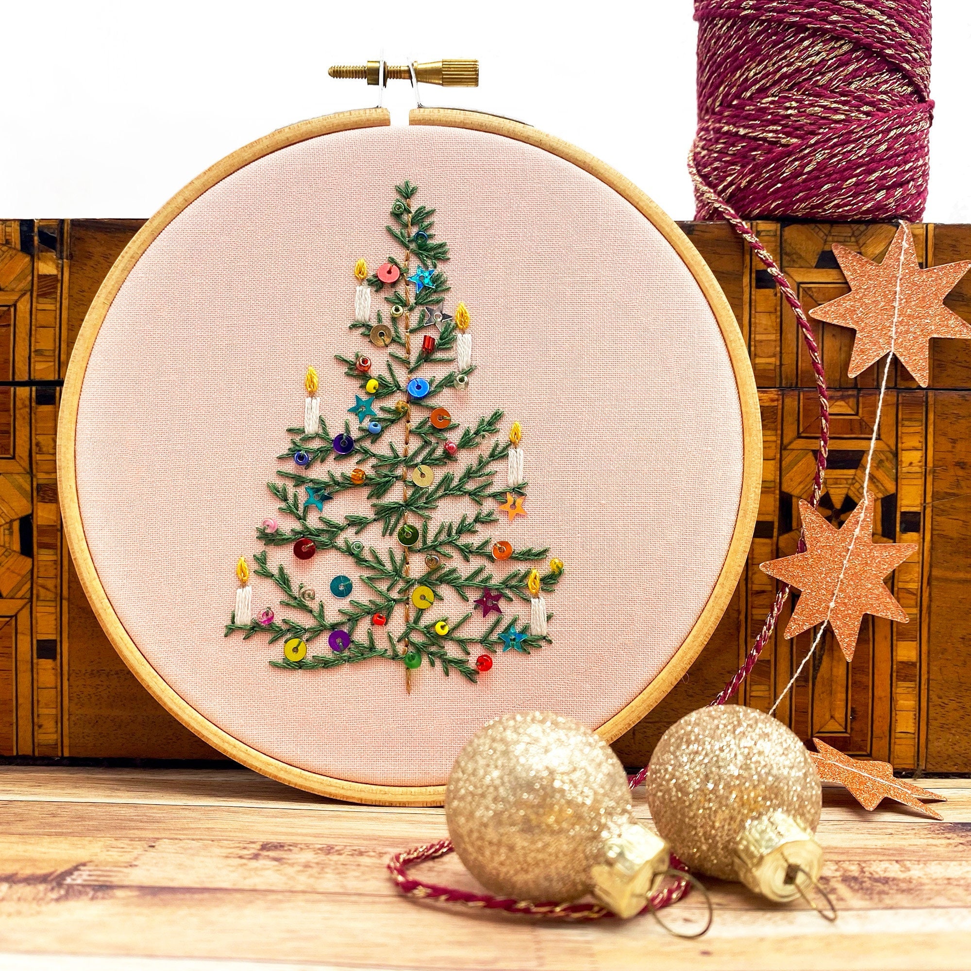 Christmas Light: Festive Embroidery Kit. Simple Christmas tree design with beads sequins, easy modern craft. Add a festive gift set.