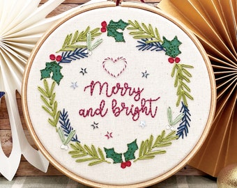 Christmas Wreath Embroidery Kit. Complete craft kit to stitch a 5&quot; modern festive embroidery hoop. Ideal for beginners and beyond.