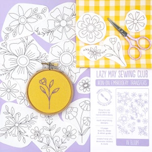 Floral embroidery patterns. Set of 10 large flower iron on embroidery transfers for hand embroidery. A4 sheet of pretty stems and blooms.