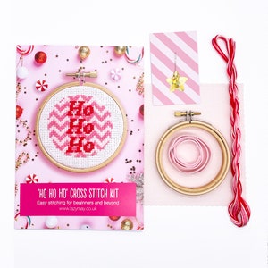 Full Kit Christmas Cross Stitch Kit. Modern festive ornament craft kit. Pink themed DIY hoop decoration. Perfect to hang on the tree. image 6