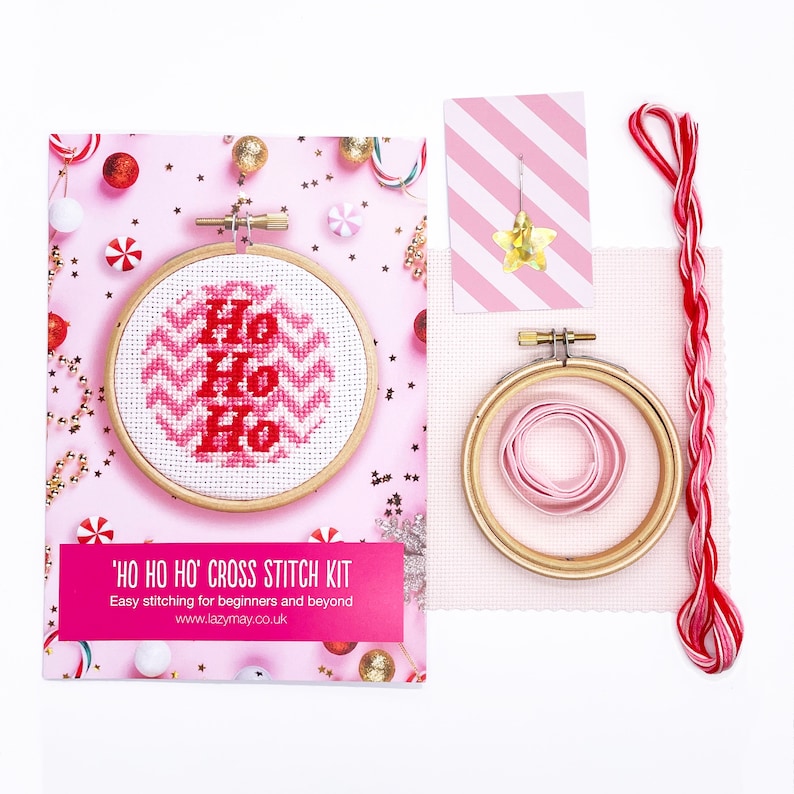 Full Kit Christmas Cross Stitch Kit. Modern festive ornament craft kit. Pink themed DIY hoop decoration. Perfect to hang on the tree. No, thanks.