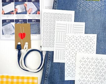 Sashiko Visible Mending Kit: Stick and Stitch Embroidery Patterns with Thread and Instructions