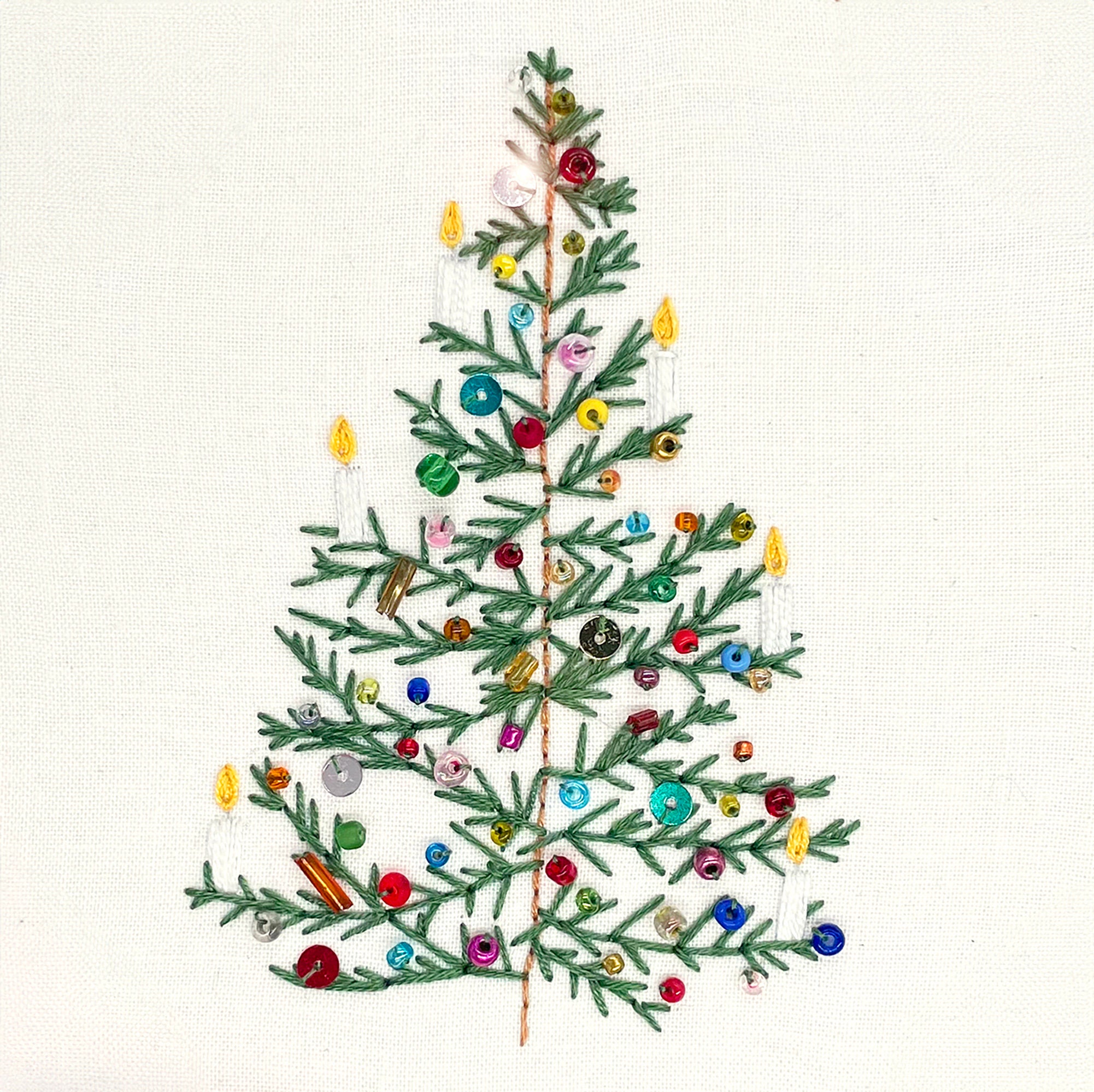 Christmas Light: Festive Embroidery Kit. Simple Christmas tree design with beads sequins, easy modern craft. Add a festive gift set.