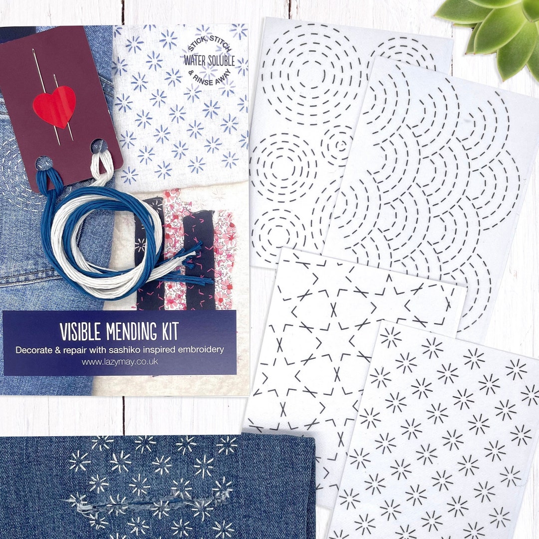 Sashiko Inspired Visible Mending Kit, Stick and Stitch Patterns - Etsy