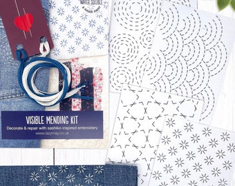 Sashiko Inspired Visible Mending Kit, Stick and Stitch Patterns