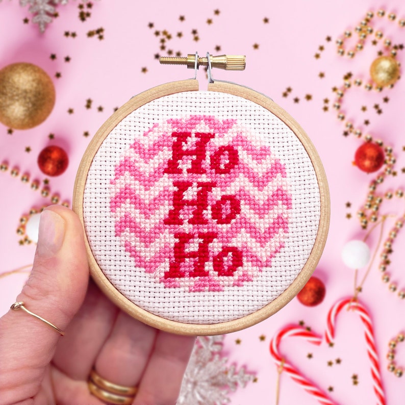 Full Kit Christmas Cross Stitch Kit. Modern festive ornament craft kit. Pink themed DIY hoop decoration. Perfect to hang on the tree. image 2