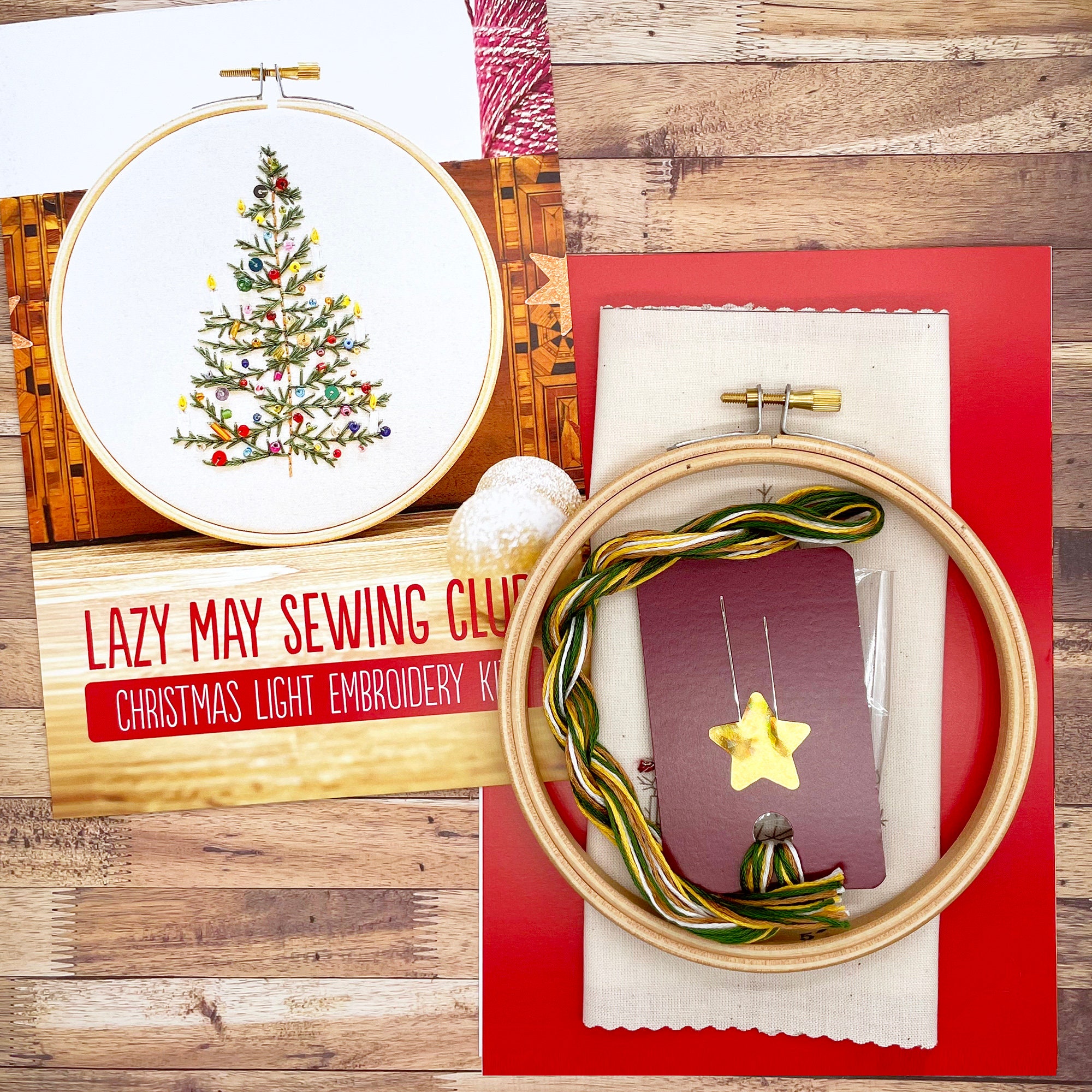 Christmas Light: Festive Embroidery Kit. Simple Christmas tree design with beads sequins, easy modern craft. Add a festive gift set.