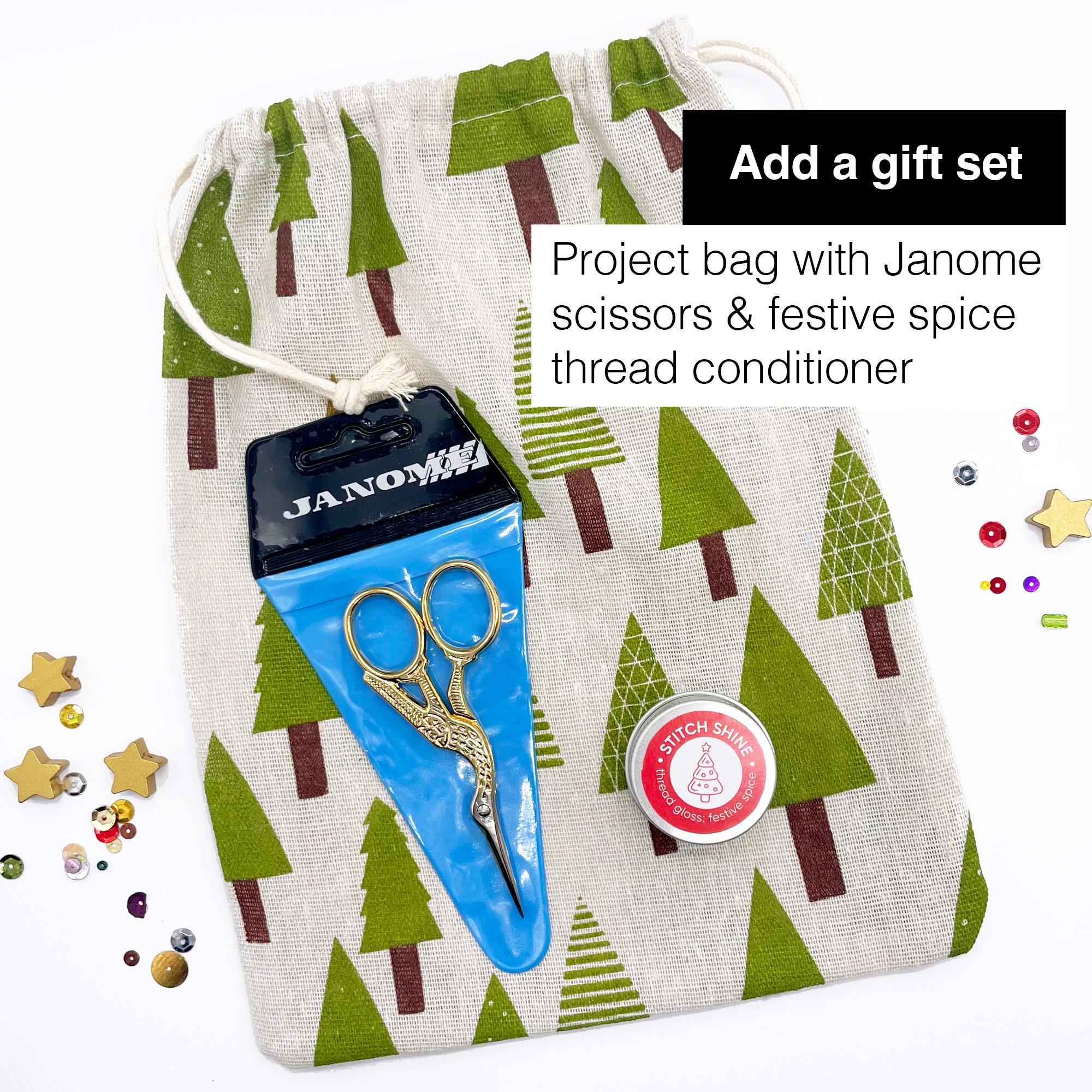 Christmas Light: Festive Embroidery Kit. Simple Christmas tree design with beads sequins, easy modern craft. Add a festive gift set.