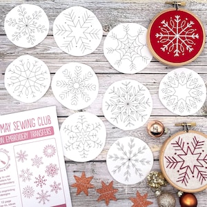 Snowflake Embroidery Patterns, 9 Christmas embroidery designs. Iron on snowflake embroidery transfers for hand embroidery. A4 sheet 9 design