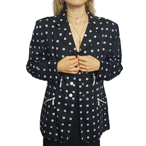 Blazer ESCADA Margaretha Ley / Blazer azul marinho com bolinhas brancas / Paletó feminino Fabricado na Alemanha Tamanho L / XL