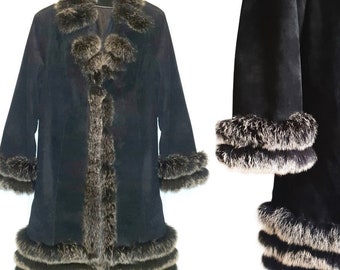 Vintage Black Suede Leather Coat With Fox Fur Women Long Coat Jacket  Size L / XL