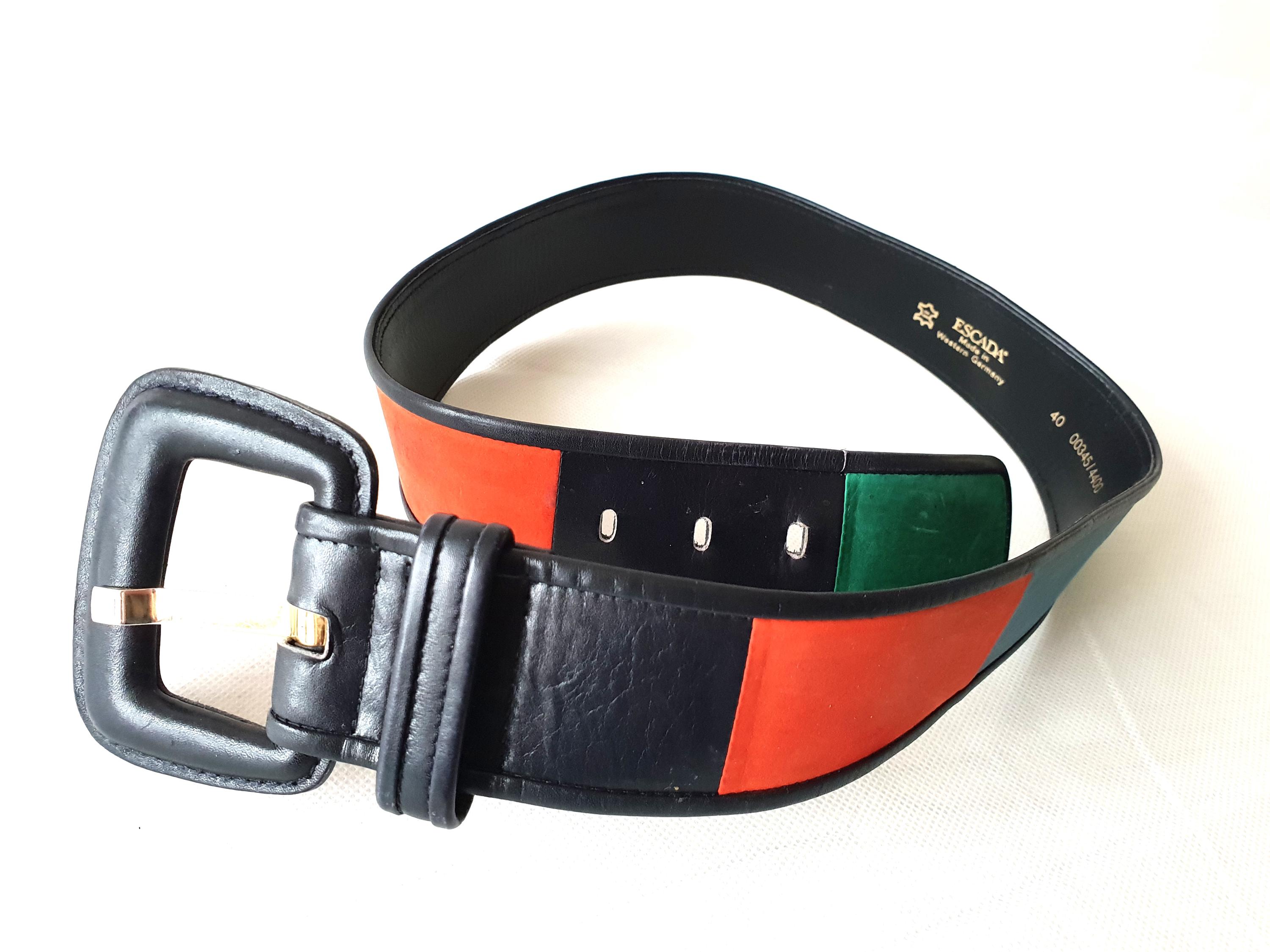 ESCADA Vintage Horse Head Buckle Belt Black Suede Wide Belt Gold Western Germany Vintage ESCADA Black Suede Leather Belt Red Accents Studded  main image 3