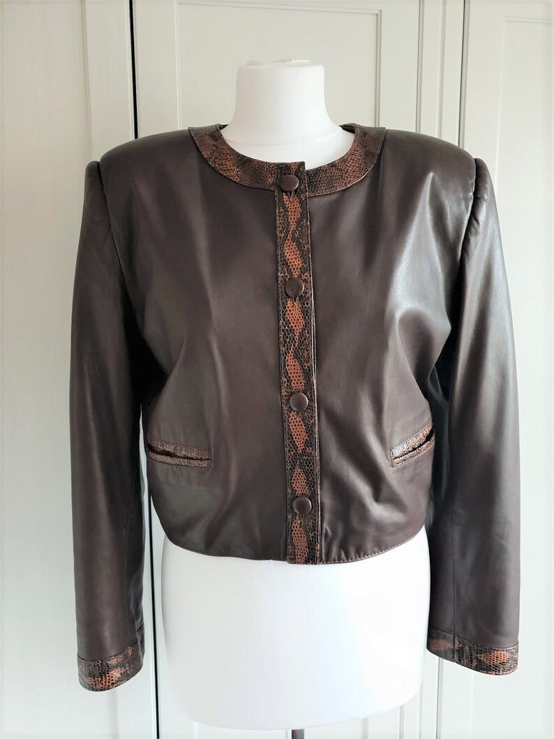 Vintage Leather Cropped Jacket by Salman Brown Genuine Leather Women Size S