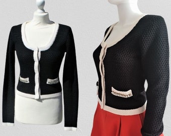 Vintage Crop Sweater Cardigan Knit Black Off White Blazer Jacket Women Size S