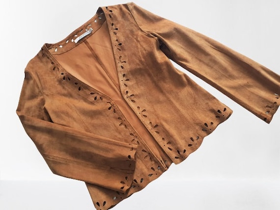 Vintage Crop Suede Blazer Jacket Brown Genuine Le… - image 2