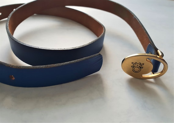 Vintage Benetton Belt Blue Leather Gold Buckle Made in Italy  display picture 1