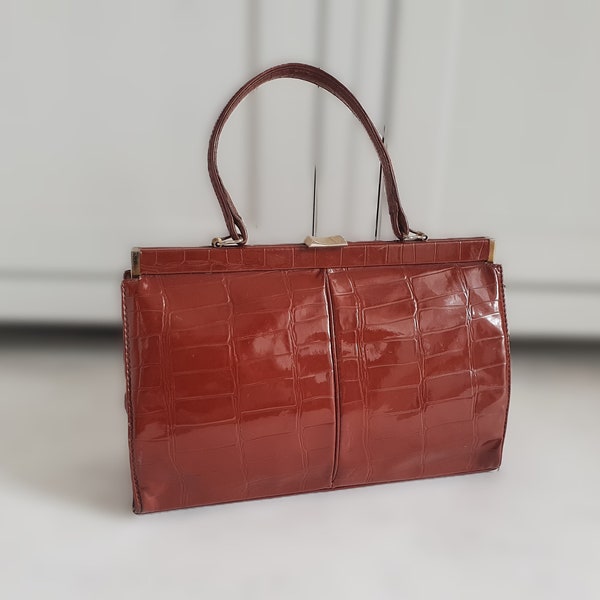 Sac à main vintage en cuir verni pour femme des années 70, imprimé crocodile, marron doré, sac à main rétro