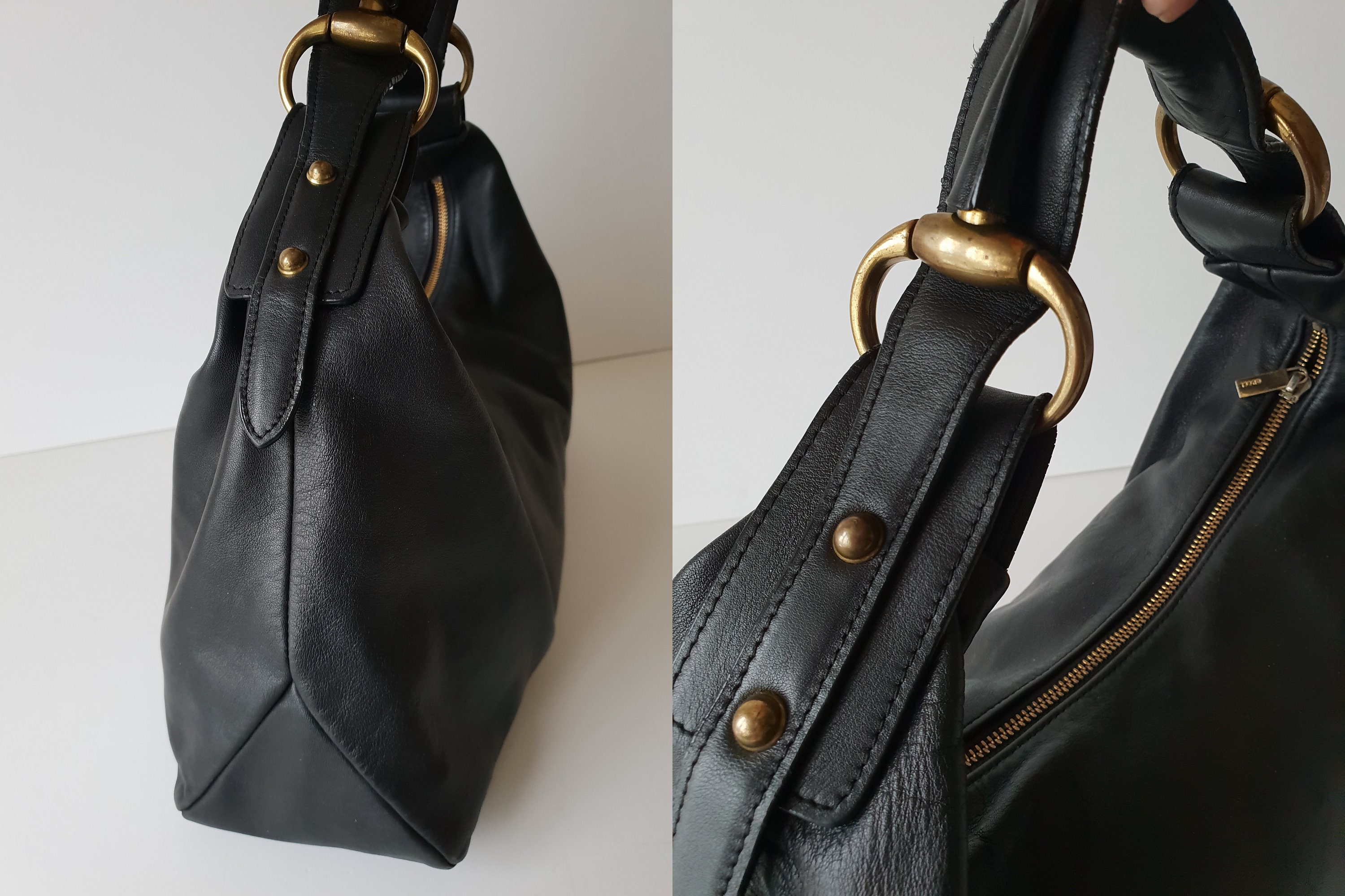 Vintage Gucci Hobo Bag Black Leather Gold Horsebit Handle 