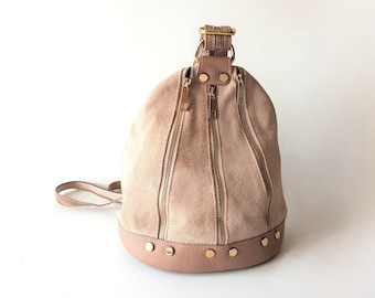 Vintage Powder Pink Beige Leather Backpack , Women Purse Bag Made In Italy