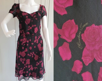 Moschino Women Dress Vintage Casual Silk Dress Black Dark Pink Floral Print Size S Made in Italy