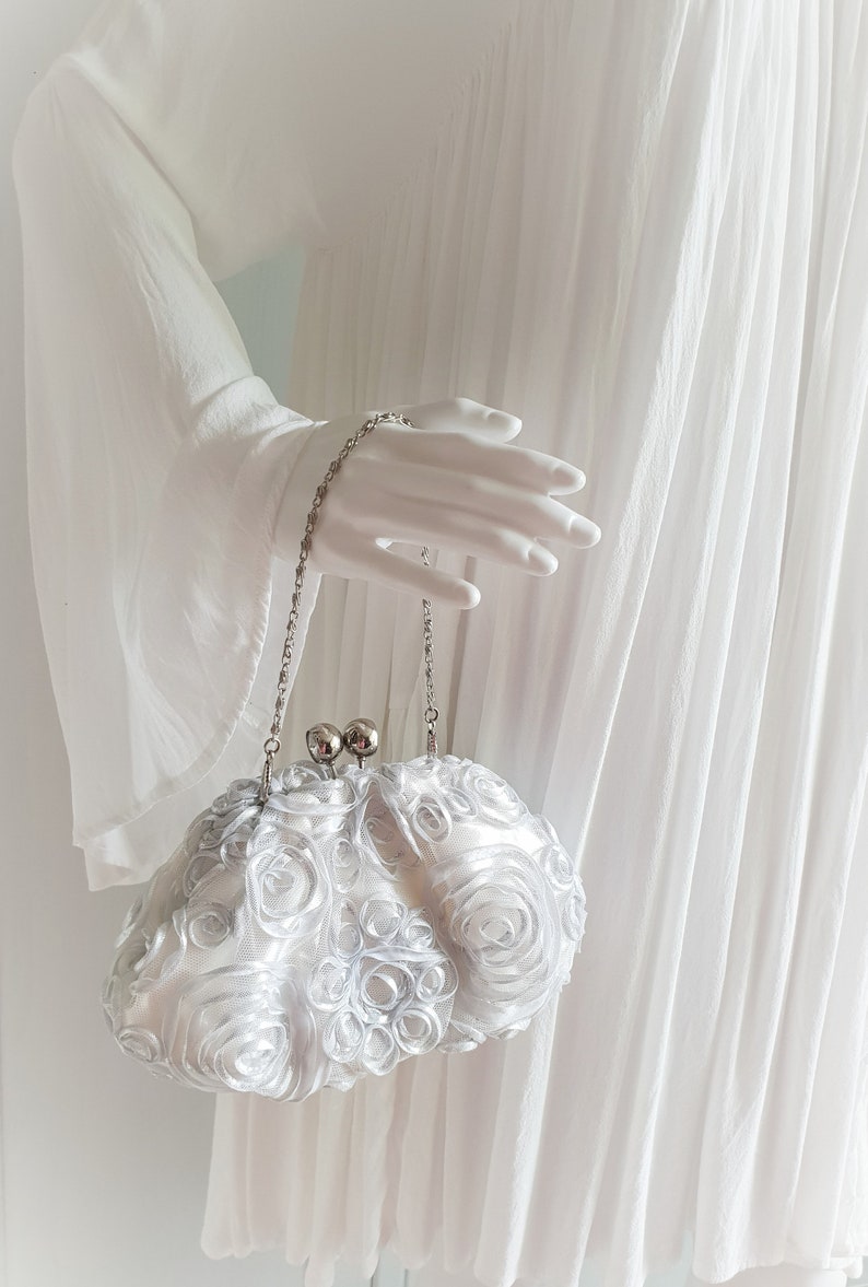 Vintage Bridal Women Bag Ivory White Light Gray Silver Wedding Handbag image 2