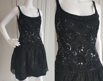 Vintage Dress Escada Black Silk Lace Cocktail Party Women Evening Dress Size 36 / S Made in Germany