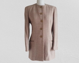 MONDI Vintage Dames Blazer Wol Beige Lichtroze Plaid Dames Maat S / M Made in Germany