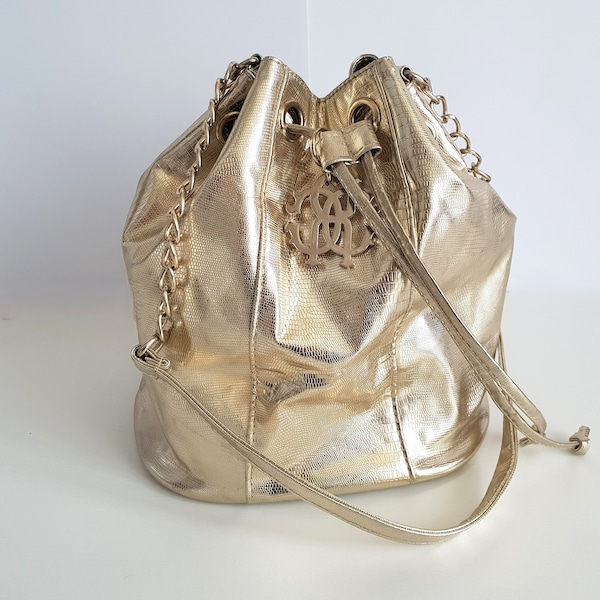 ROBERTO CAVALLI Bucket Bag Metalic Gold Vegan Leather Women Shoulder Bag