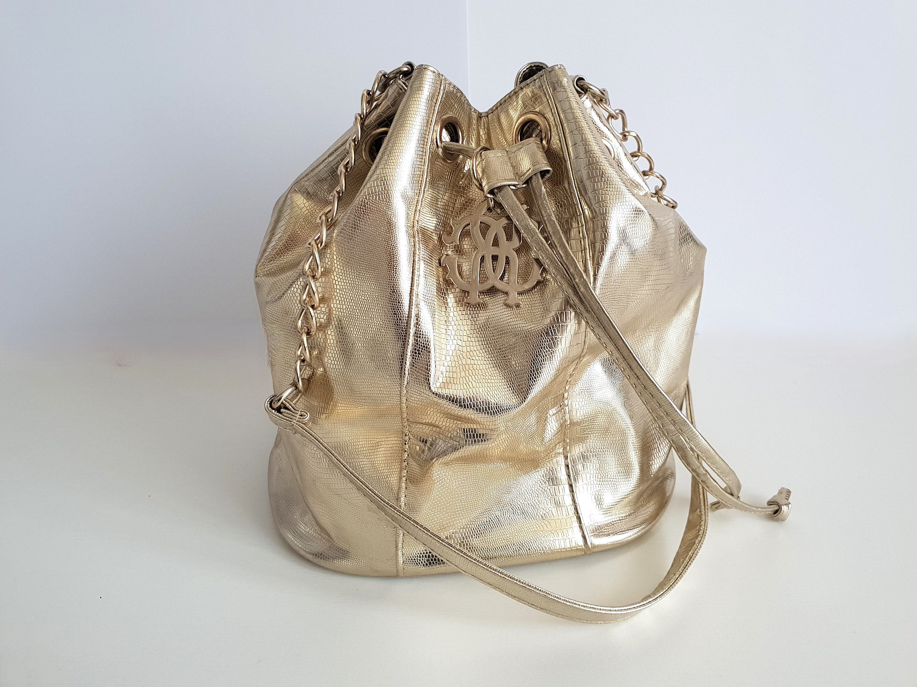 ROBERTO CAVALLI Bucket Bag Metalic Gold Vegan Leather Women Shoulder Bag Etsy