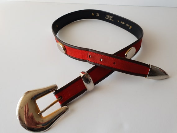 80s Vintage Escada Belt Red Suede Black Leather B… - image 2