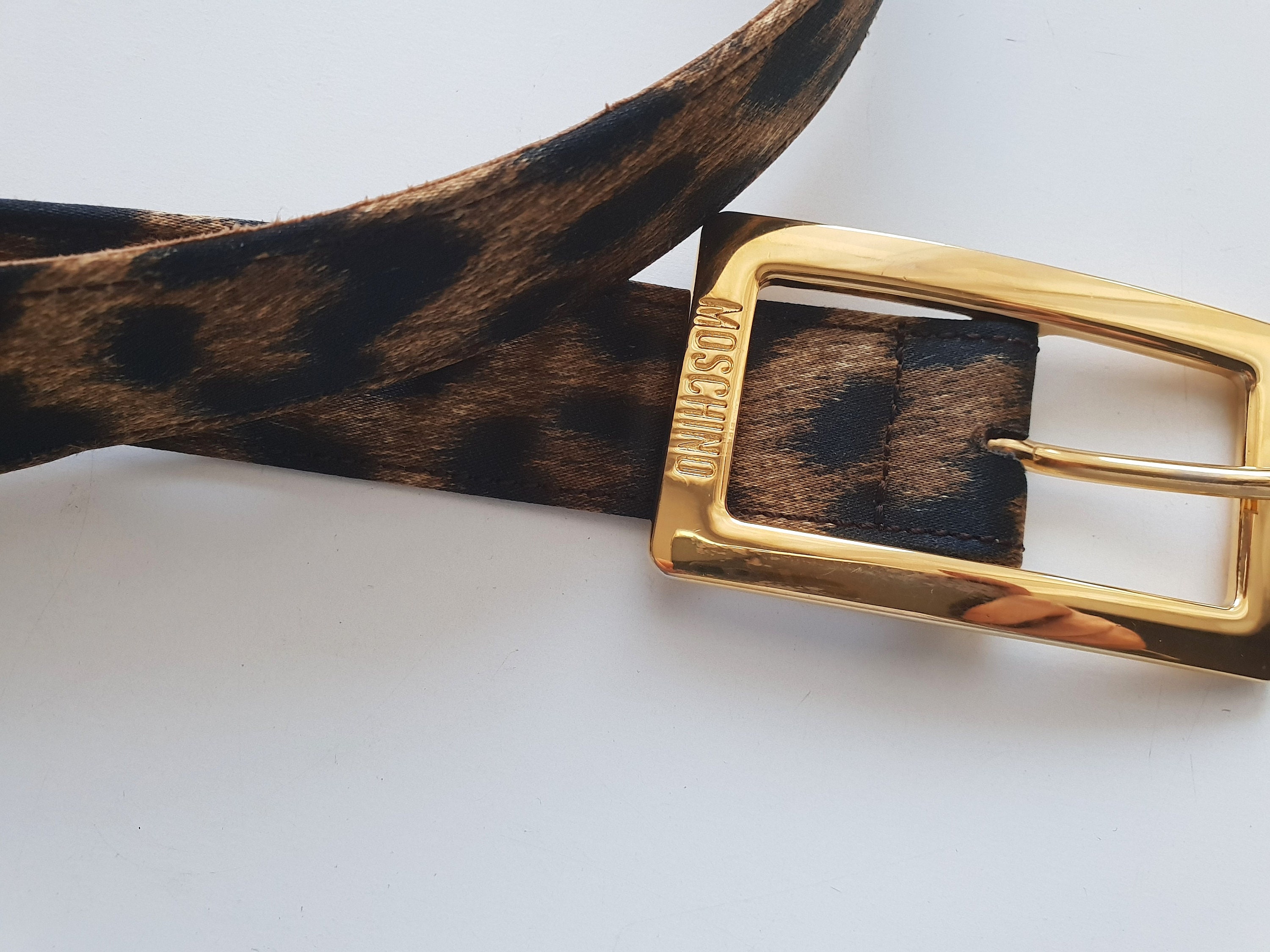 Moschino Belt Leopard Print Beige Brown Canvas + Leather + 