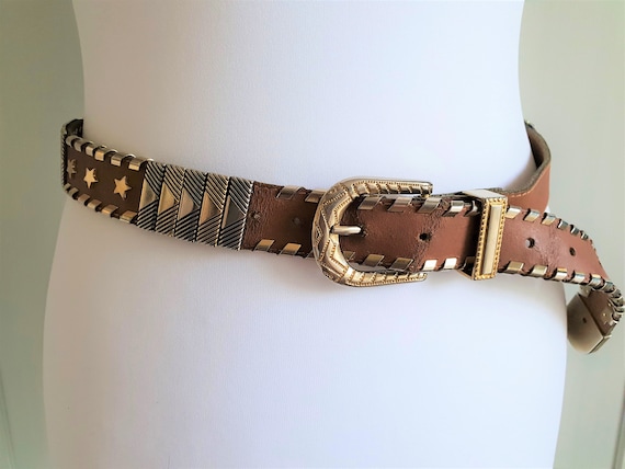 Brown Leather Belt With Gold Buckle Vintage Jewelry Belt  display picture 3