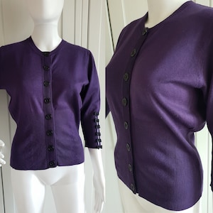 Vintage KAREN MILLEN Frauen Crop Top Lila Schwarz Bluse Pullover Made in England Größe S