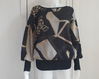 MONDI jaren '70 jaren '80 Pullover Sweater Zwart Goud Zilver Angora Woll Jumper Maat 38 / M Gemaakt in West-Duitsland