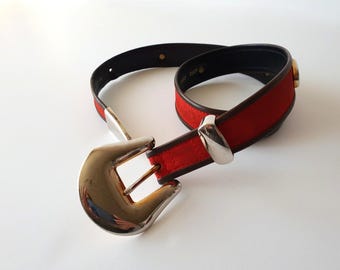 Jaren 80 Escada-riem rood suède zwart lederen vintage damesriem gouden gesp gemaakt in West-Duitsland