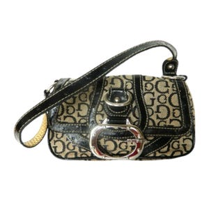 GUESS Black Leather Beige Canvas 2YK Vintage Women Baguette Small Bag