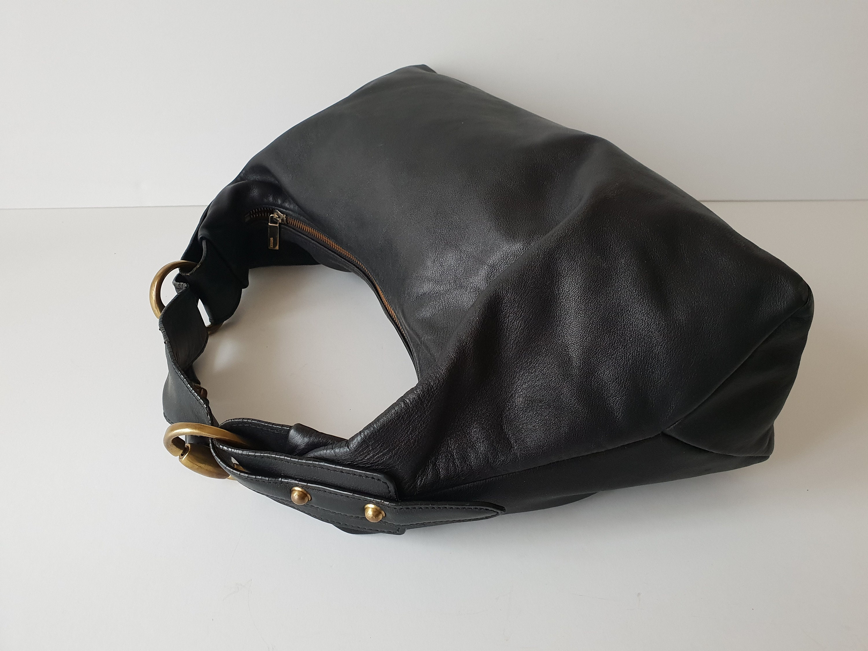 Vintage Gucci Hobo Bag Black Leather Gold Horsebit Handle 