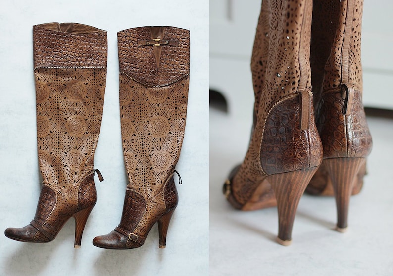 GIANMARCO LORENZI Women Openwork Boots Summer Brown Leather Size EU 37 Made in Italy