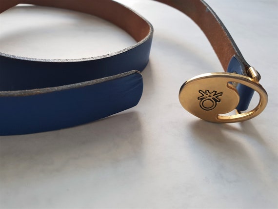 Vintage Benetton Belt Blue Leather Gold Buckle Made in Italy  display picture 1