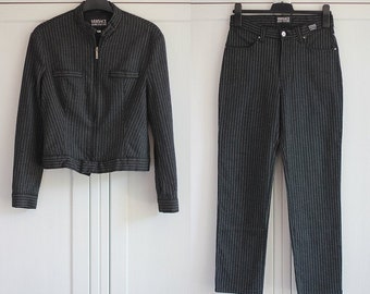 Vintage VERSACE Jeans Couture Suit Wool Women Set Blazer and Pants Made in Italy Size S / M