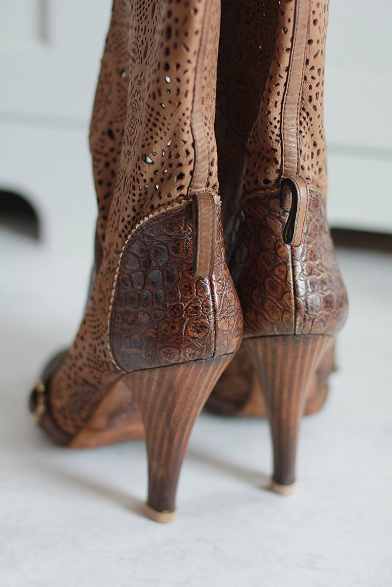 GIANMARCO LORENZI Women Openwork Boots Summer Brown Leather Size EU 37 Made in Italy