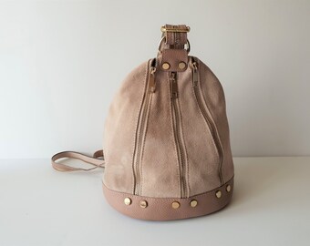 vintage Powder Pink Beige Leather Backpack Women Sac à main Made In Italy