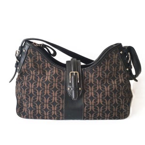 FOSSIL Brown Black Leather & Canvas Bag Vintage  Women Purse Handbag
