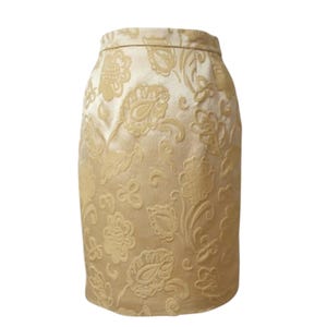LOUIS FERAUD Wool Silk Skirt Beige Yellow Jacquard Pencil Skirt Made in Germany Women Size S