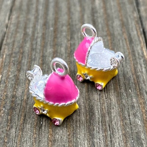 2 Baby Stroller Yellow Pink Enamel Rhinestone Pram Vintage Style New Born Child Carriage Antique Design Infant Cart Earrings Bracelet Anklet
