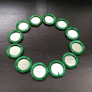 4 Round Mirror Patches Hand Made Green Thread Sew Ons Mirror Medallions DIY Costumes Dresses Cushions Handbags Purses Decoration Supply Gift