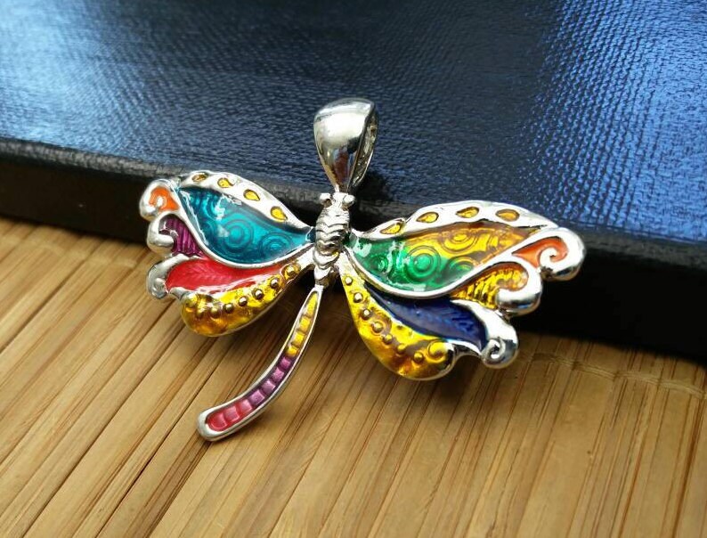 Dragonfly Pendant Silver Multicolor Enamel Charm DIY Bohemian Jewelry Findings Dragonfly Lover/'s Collector/'s Yoga Mala Long Sweater Necklace