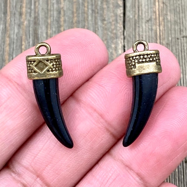 2 Black Imitation Resin Bronze Horn Tusk Charms 3D Antique Design DIY Bohemian Jewelry Findings Yoga Mala Necklaces Earrings Anklet Bracelet