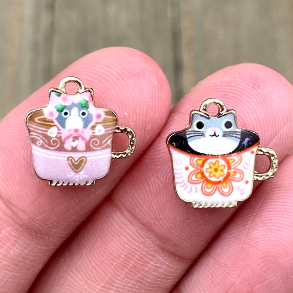 Pair Of Cat In A Tea Cup Earrings Charms Animal Kitten Pet Lover's Pendants Earrings Bracelets Yoga Mala Necklaces Bohemian Jewelry Findings